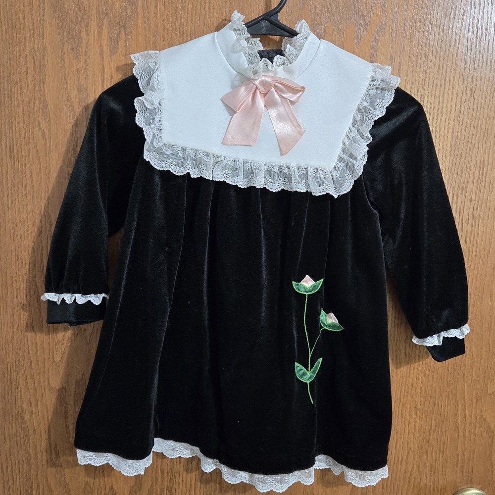 Bonnie Jean Girls Dress Sz 6 Black Velvet White Lace Ruffles Vintage Holiday
